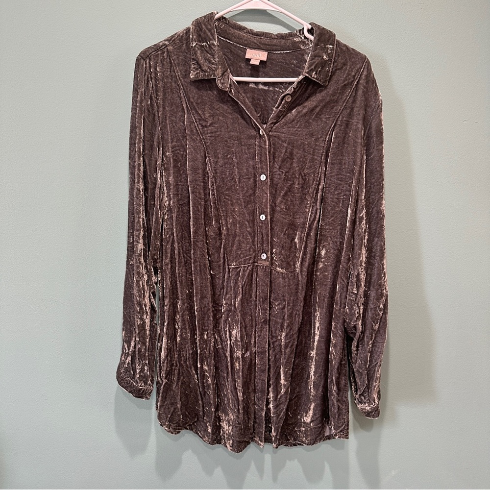 J Jill Velvet Metallic Green Grey Tunic Button Down Long Sleeves